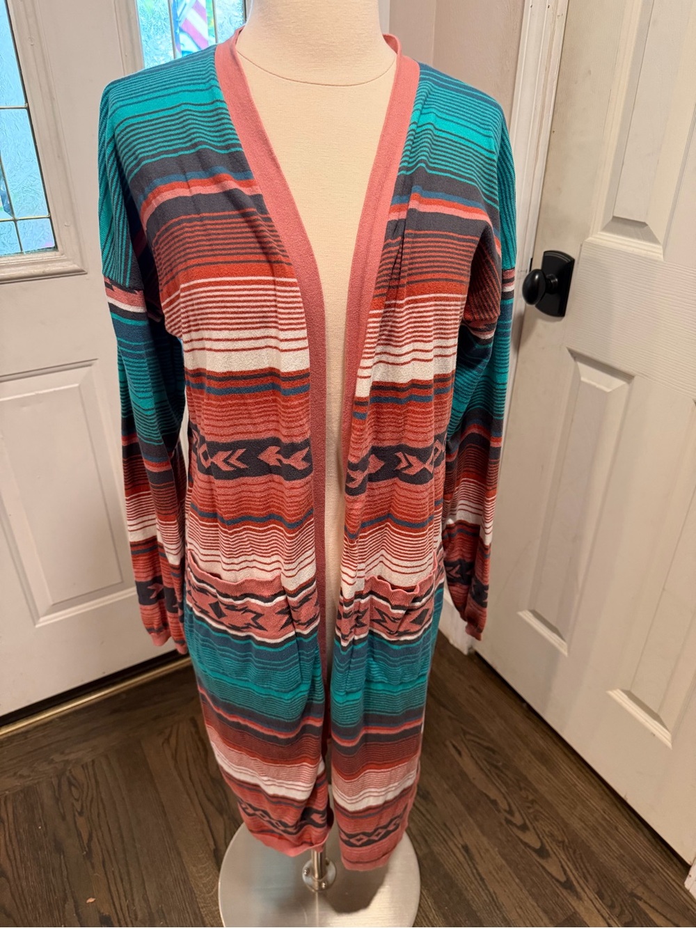 Striped Open-Front Long Cardigan in Teal, Coral and White